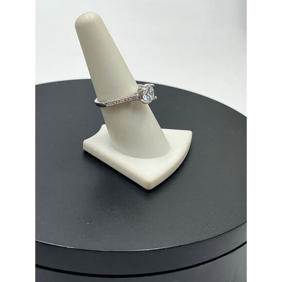 925 Sterling Silver Cathedral Solitaire Ring 7mm Round CZ Pavé Accents Size 8 - Picture 3 of 15